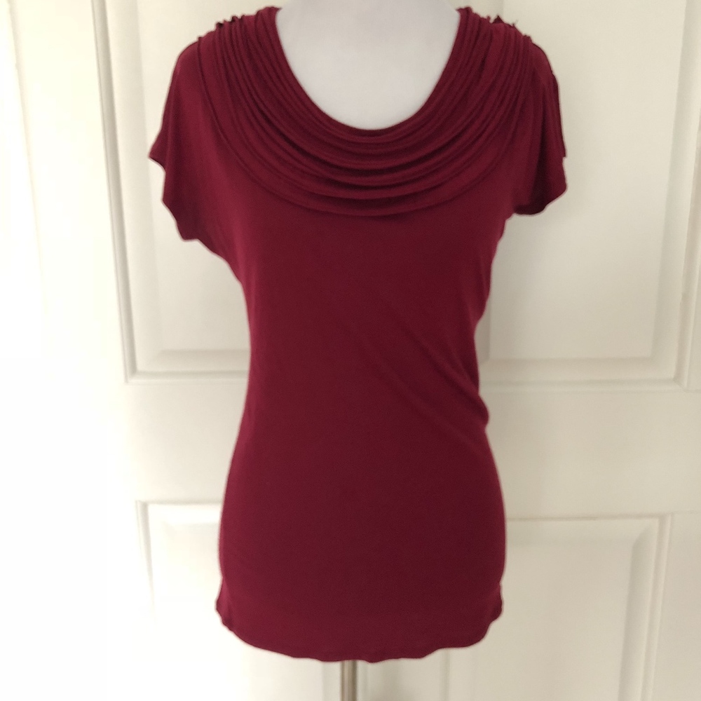 Ruby Red Stretch Knit Blouse Ruching - image 1